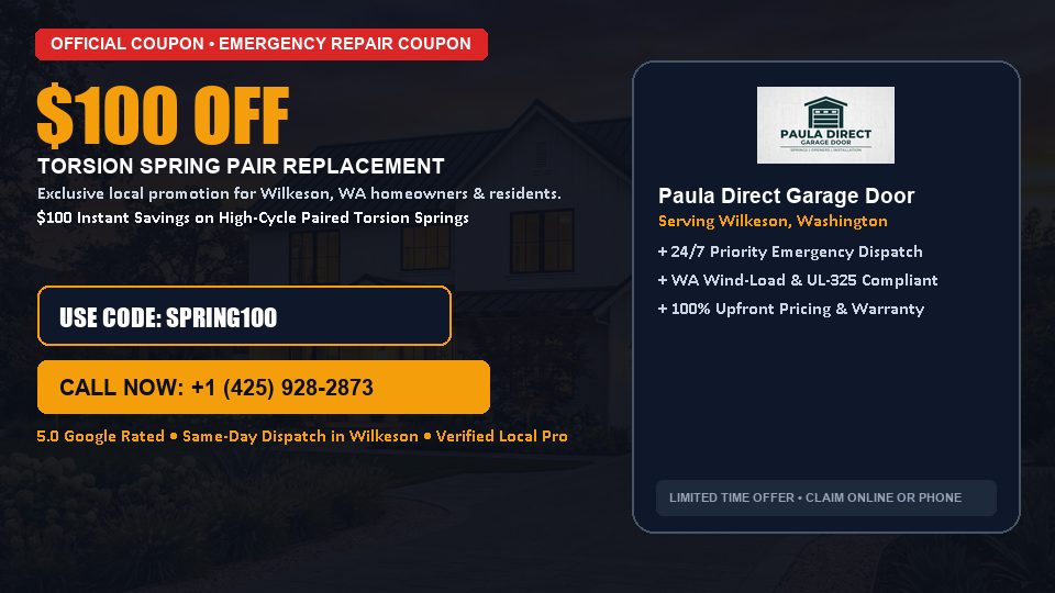 Paula Direct Garage Door $100 OFF Dual Torsion Spring Replacement in Wilkeson, WA